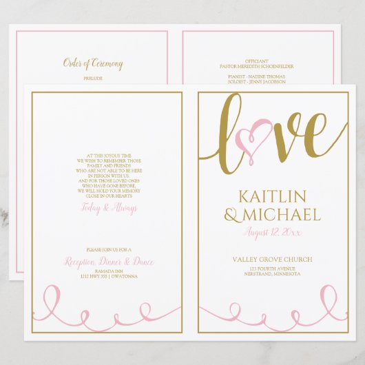 Programme de mariage à cœur avec script d'amour Ro (Devant / Derrière)