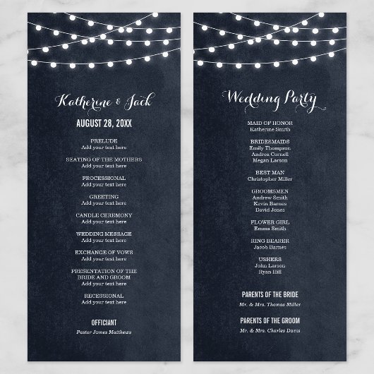 Programme de mariage à cordes bleues de minuit