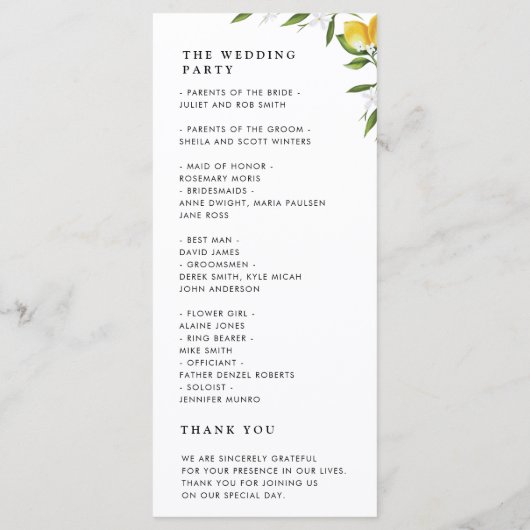 Programme de mariage à feuillage de citron aquarel (Dos)