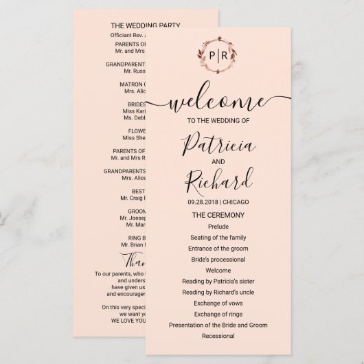 Programme de mariage à feuille d'or rose pêche à m (Devant / Derrière)