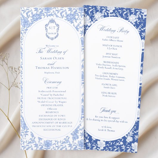 Programme de mariage à fleurs bleues et blanches e