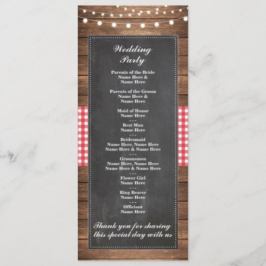 Programme de mariage à la craie rustique à carreau (Dos)