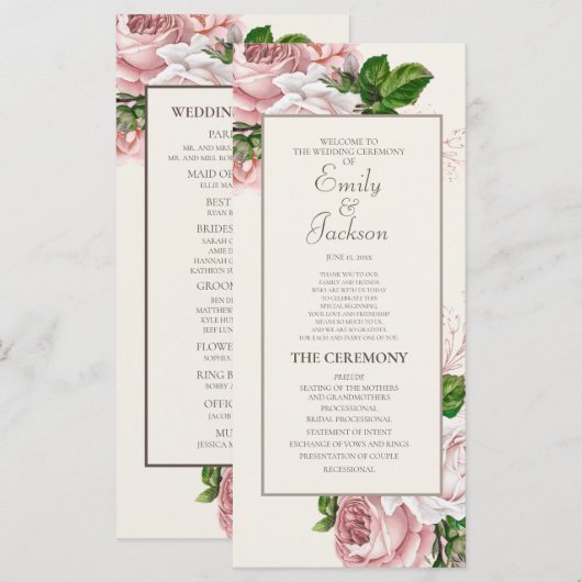 Programme de mariage à la crème florale rose paste (Devant / Derrière)