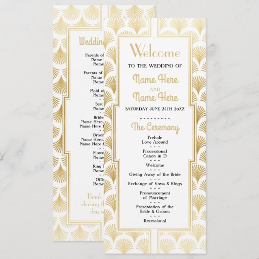 Programme de mariage à l'aquarelle Art déco or des (Devant / Derrière)