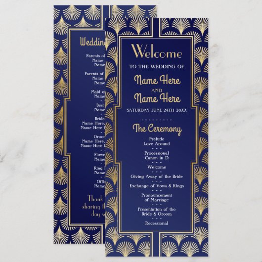 Programme de mariage à l'aquarelle Art déco or des (Devant / Derrière)