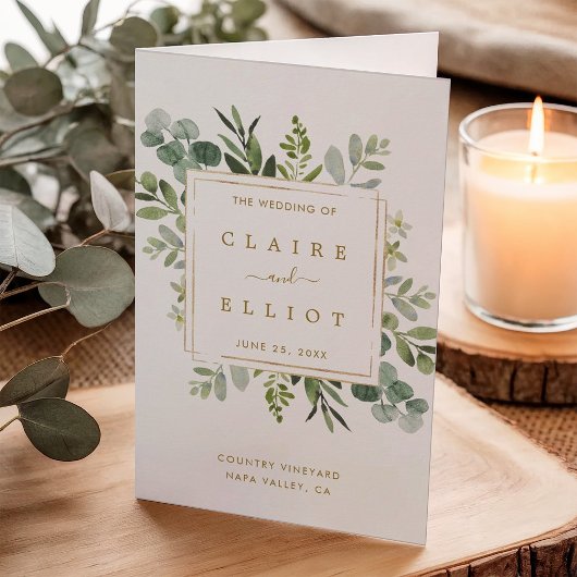 Programme de mariage à l'aquarelle de verdure doré