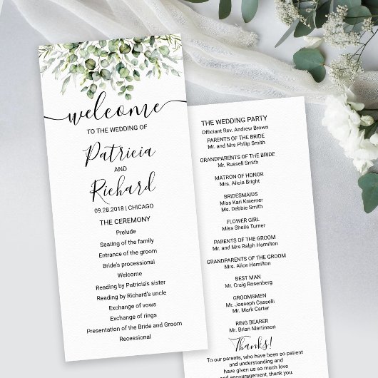 Programme de mariage à l'aquarelle d'eucalyptus ve