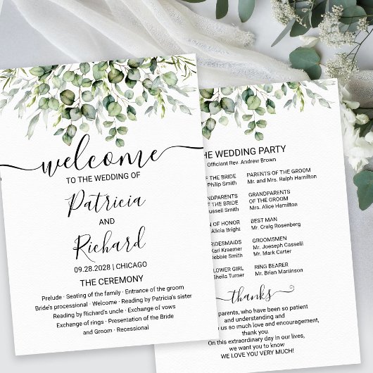 Programme de mariage à l'aquarelle Eucalyptus verd