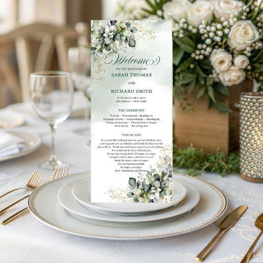 Programme de mariage à l'aquarelle Feuillage Or Ve