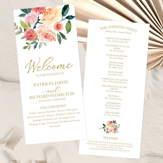 Programme de mariage à l'aquarelle florale dorée é