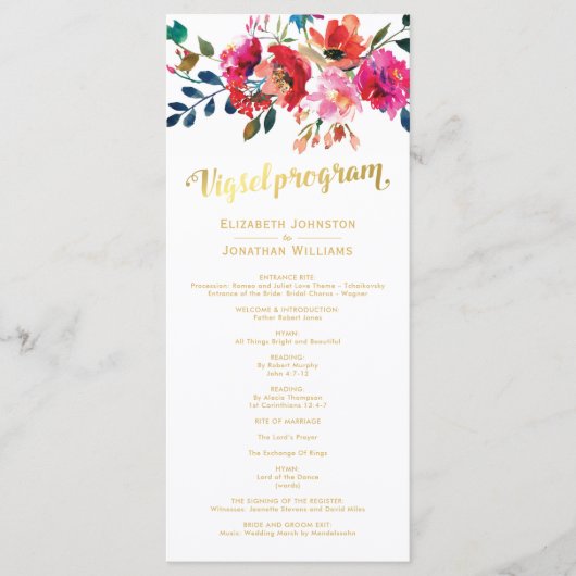 Programme de mariage à l'aquarelle florale or blan (Devant)