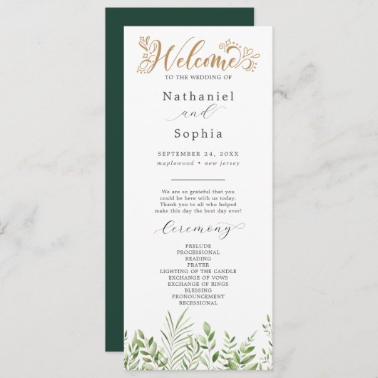 Programme de mariage à l'aquarelle Gold Green (Devant / Derrière)