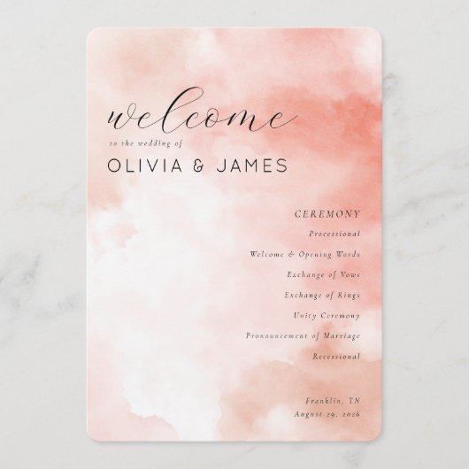 Programme de mariage à l'aquarelle rose romantique (Devant)