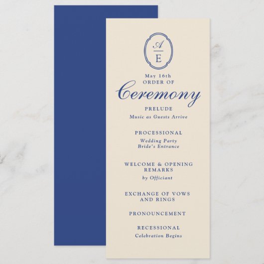 Programme de mariage à monogramme bleu français (Devant / Derrière)