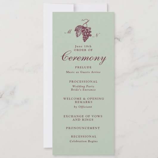 Programme de mariage à monogramme de raisin vert j (Devant)