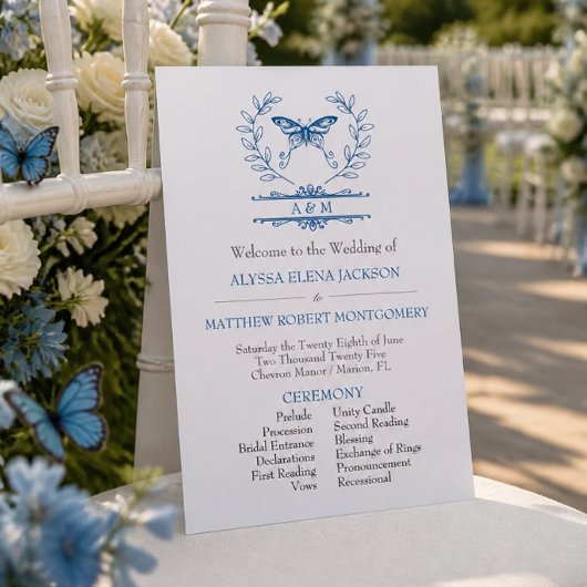 Programme de mariage à monogramme papillon bleu