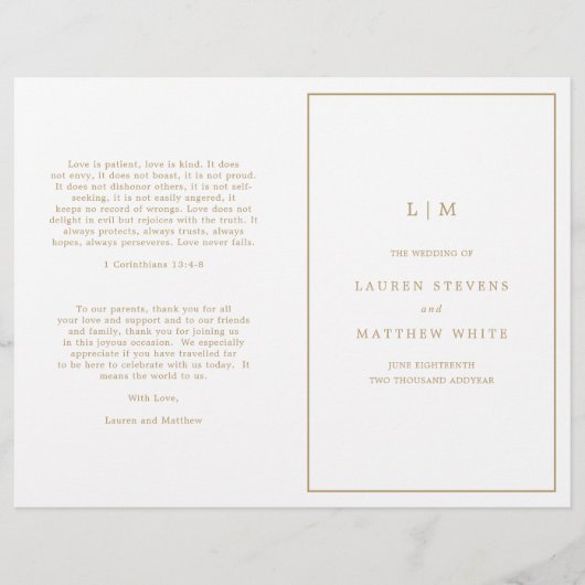 Programme de mariage à monogramme simple en or ant (Devant)