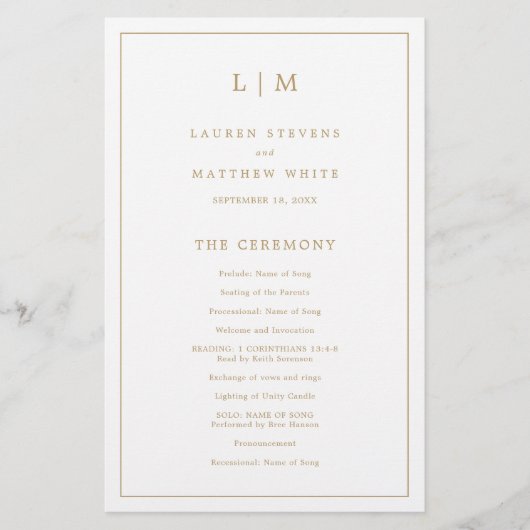 Programme de mariage à monogramme simple en or ant (Devant)