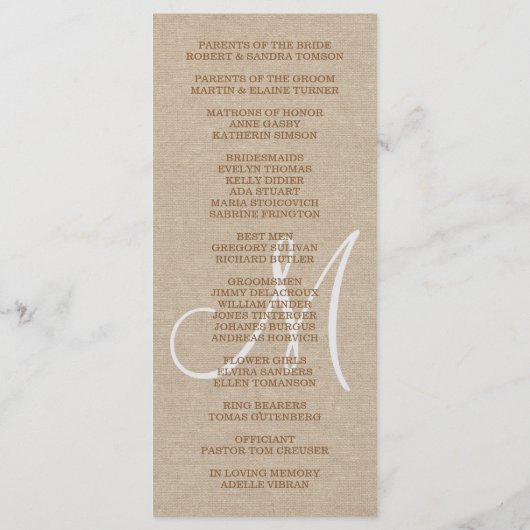 Programme de mariage à monogramme sur toile de lin (Dos)