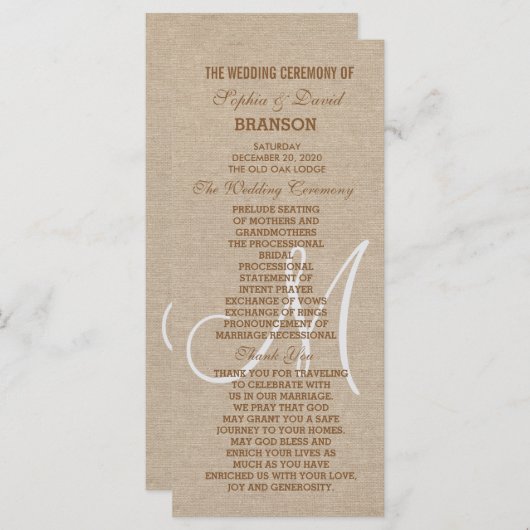 Programme de mariage à monogramme sur toile de lin (Devant / Derrière)