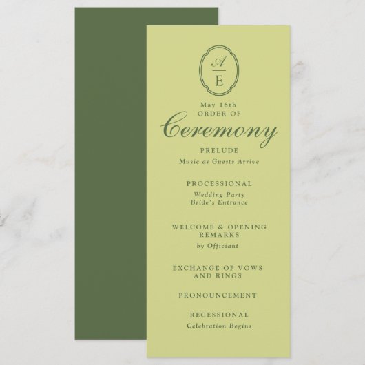 Programme de mariage à monogramme vert de printemp (Devant / Derrière)