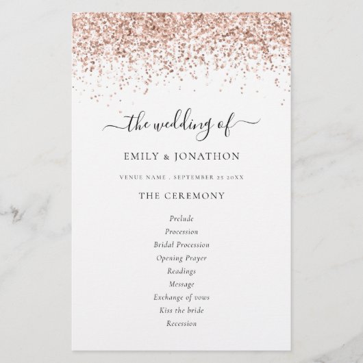 Programme de mariage à motif script paillettes or (Devant)