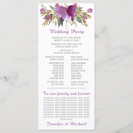 Programme de mariage à paillettes or et améthyste (Dos)