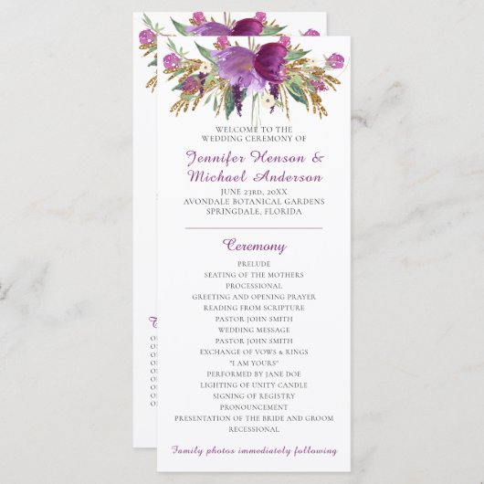 Programme de mariage à paillettes or et améthyste  (Devant / Derrière)