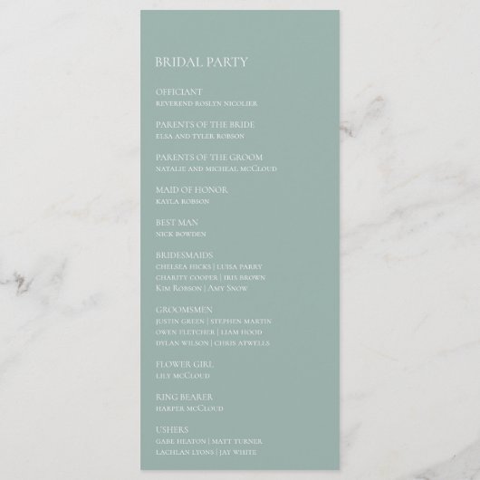 Programme de mariage à plat vert Sage de verdure (Dos)