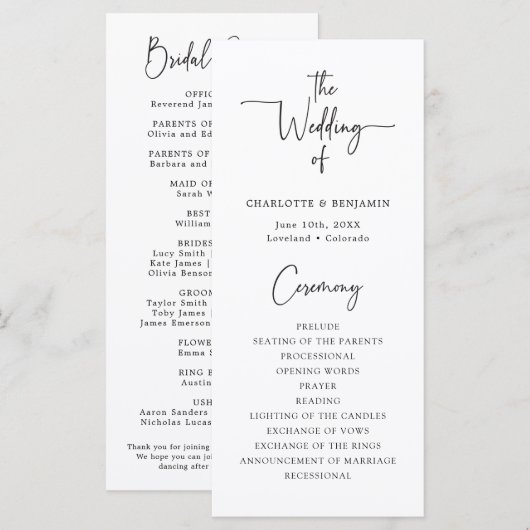 Programme de mariage à script simple (Devant / Derrière)