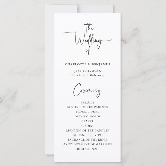 Programme de mariage à script simple (Devant)