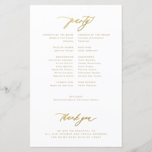 Programme de mariage à typographie dorée élégante (Dos)