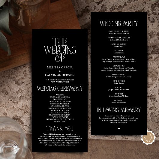 Programme de mariage à typographie noire élégante 