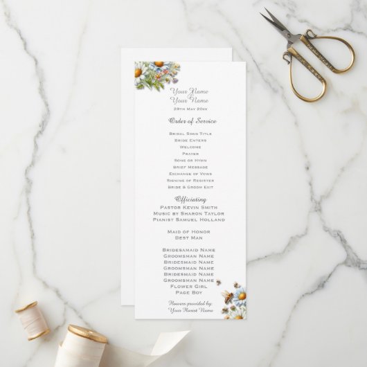 Programme de mariage abeille aux aquarelles de fle (Devant/Arrière en situation)