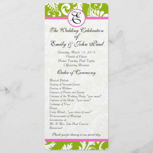 Programme de mariage Apple Green & Pink Damask (Devant)
