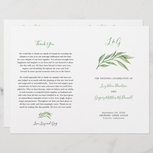 Programme de mariage | Aquarelle Feuilles botaniqu (Devant / Derrière)