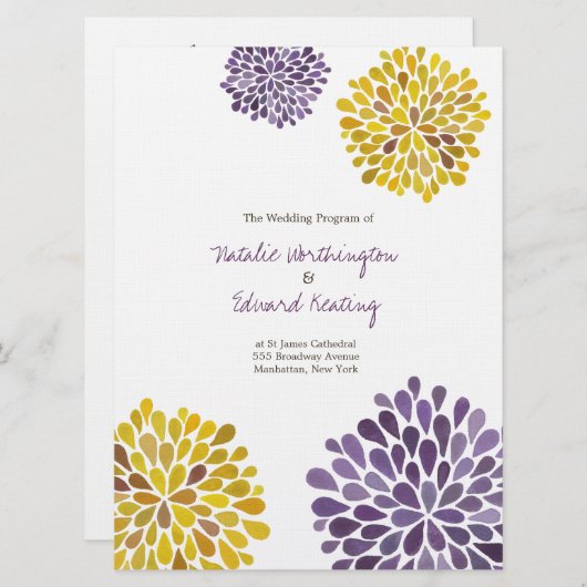 Programme de mariage Aquarelle jaune violet Dahlia (Devant / Derrière)