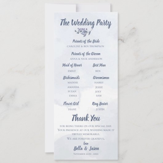 Programme de mariage Aquarelle mignonne Bleu Dusty (Dos)