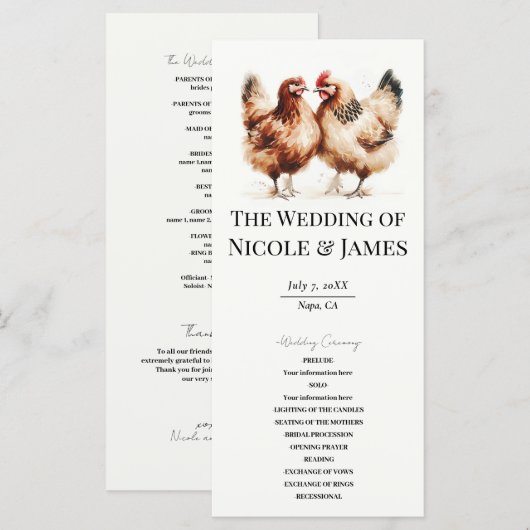 Programme de mariage aquarelle poulets bruns de ca (Devant / Derrière)