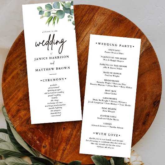 Programme de mariage au bois d'eucalyptus sauge