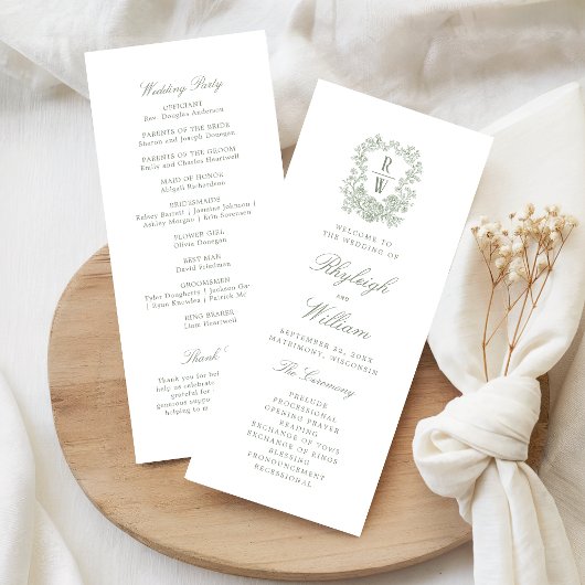 Programme de mariage au monogramme vintage vert sa