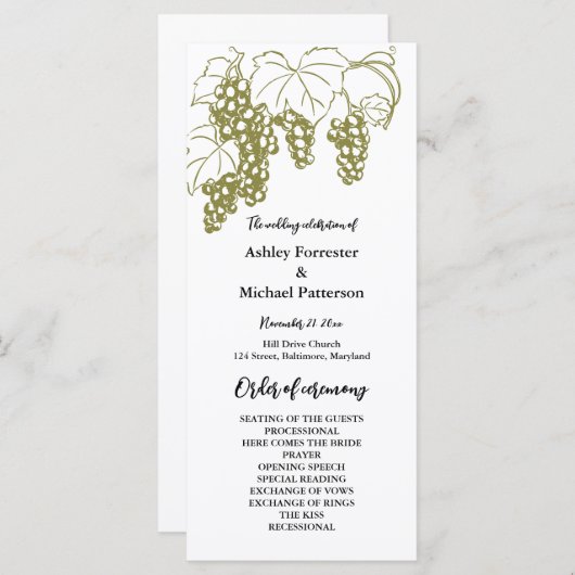 Programme de mariage au vignoble élégant de Grapev (Devant / Derrière)