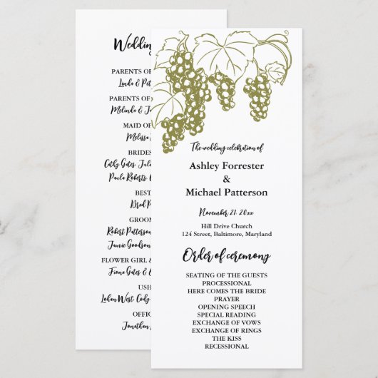 Programme de mariage au vignoble élégant Grapevine (Devant / Derrière)