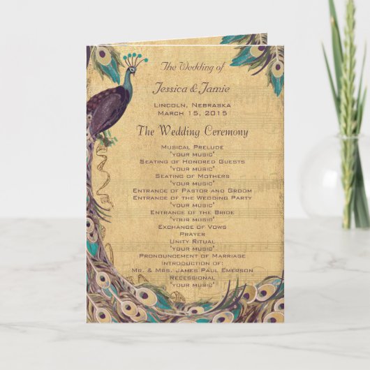 Programme de mariage aubergine aqua paon vintage (Devant)