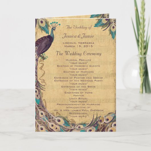 Programme de mariage aubergine aqua vintage paon (Devant)