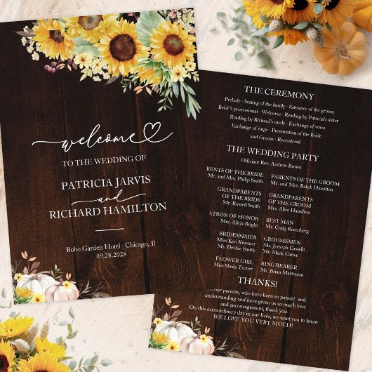Programme de mariage automnal aux tournesols rusti