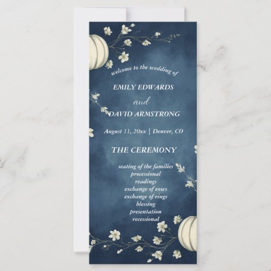 Programme de mariage automnal citrouille bleu mari (Devant)