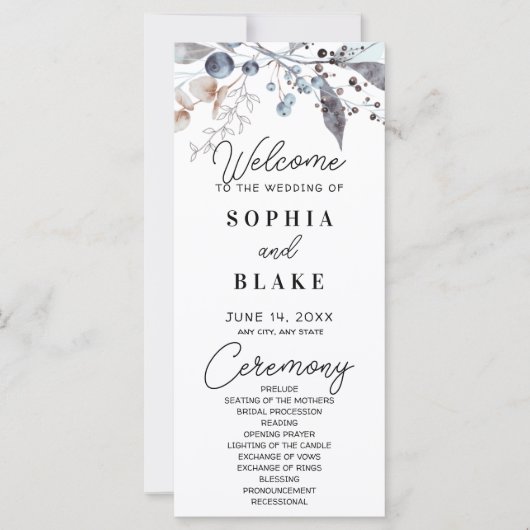 Programme de mariage aux baies bleues et grises et (Devant)