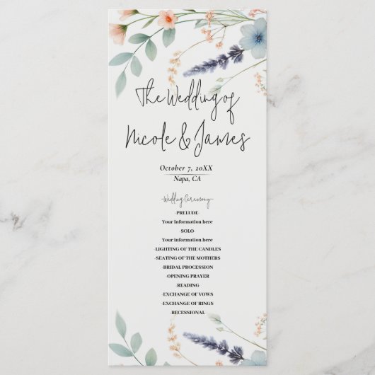 Programme de mariage aux fleurs aquarelles de fleu (Devant)