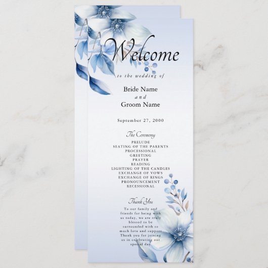 Programme de mariage aux fleurs bleues botaniques (Devant / Derrière)